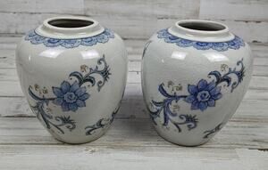 Andrea by Sadek Blue Floral Ginger Jar Vases Pair Japan White Porcelain No Lids